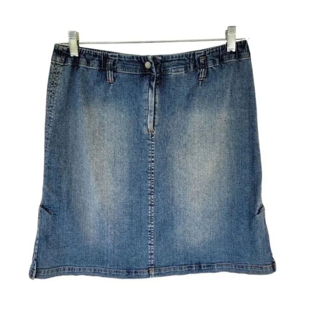 Sigrid Olsen Denim A Line Skirt Blue Petite Women Size 8P Stretch Cotton Classic